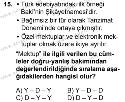 Türk Dili ve Edebiyatı 2 Dersi 2017-2018 Yılı 2. Dönem Sınavı 15. Soru