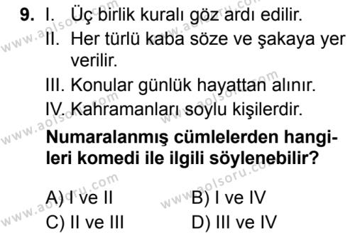 Türk Dili ve Edebiyatı 2 Dersi 2019-2020 Yılı 2. Dönem Sınavı 9. Soru