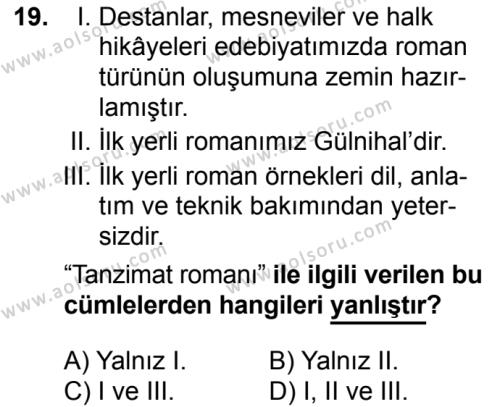 Türk Dili ve Edebiyatı 3 Dersi 2017-2018 Yılı 2. Dönem Sınavı 19. Soru
