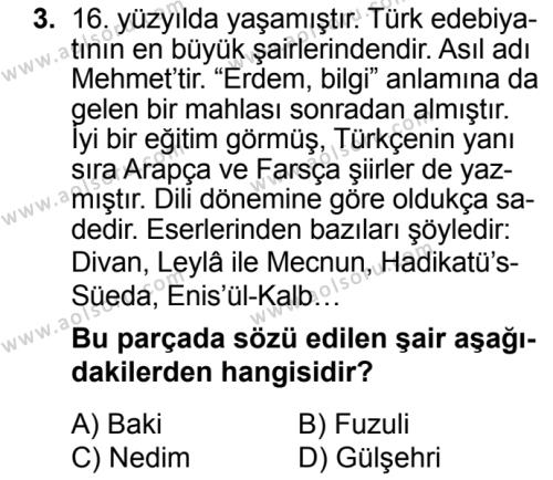Türk Dili ve Edebiyatı 3 Dersi 2018-2019 Yılı 3. Dönem Sınavı 3. Soru