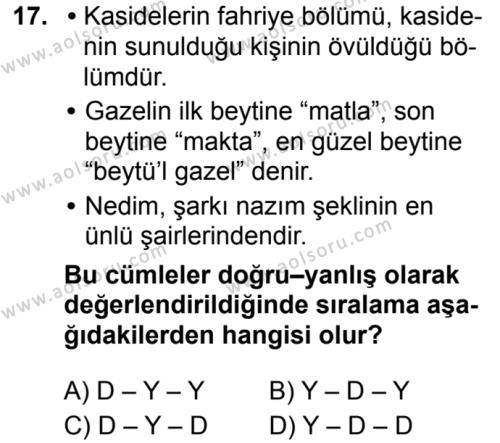 Türk Dili ve Edebiyatı 3 Dersi 2019-2020 Yılı 1. Dönem Sınavı 17. Soru