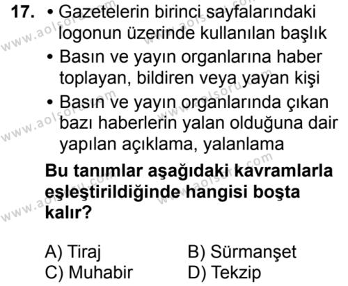 Türk Dili ve Edebiyatı 4 Dersi 2018-2019 Yılı 1. Dönem Sınavı 17. Soru
