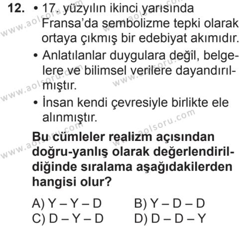 Türk Dili ve Edebiyatı 4 Dersi 2018-2019 Yılı 2. Dönem Sınavı 12. Soru