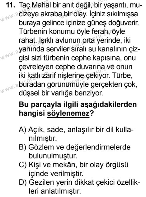 Türk Dili ve Edebiyatı 4 Dersi 2018-2019 Yılı 3. Dönem Sınavı 11. Soru