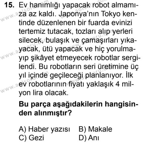 Türk Dili ve Edebiyatı 4 Dersi 2018-2019 Yılı 3. Dönem Sınavı 15. Soru