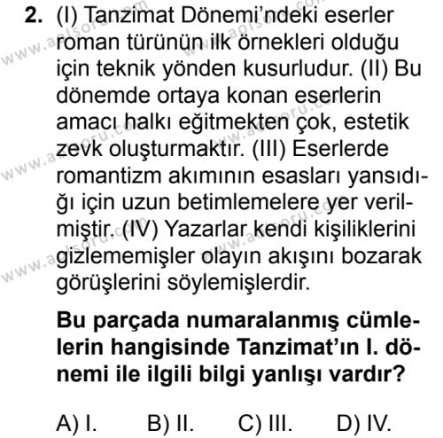 Türk Dili ve Edebiyatı 4 Dersi 2019 - 2020 Yılı 1. Dönem Sınav Soruları 2. Soru