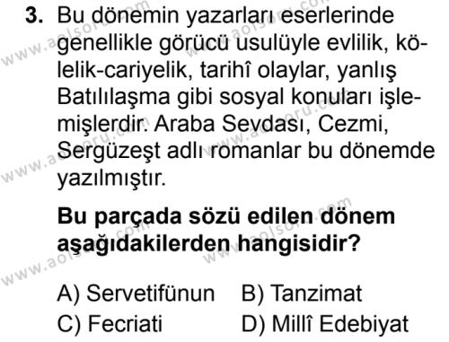Türk Dili ve Edebiyatı 4 Dersi 2019 - 2020 Yılı 1. Dönem Sınav Soruları 3. Soru