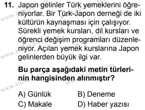 Türk Dili ve Edebiyatı 4 Dersi 2019-2020 Yılı 1. Dönem Sınavı 11. Soru
