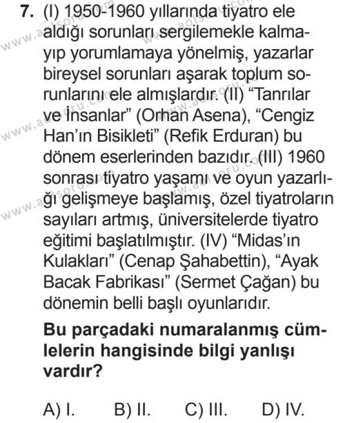 Türk Dili ve Edebiyatı 6 Dersi 2018-2019 Yılı 2. Dönem Sınavı 7. Soru