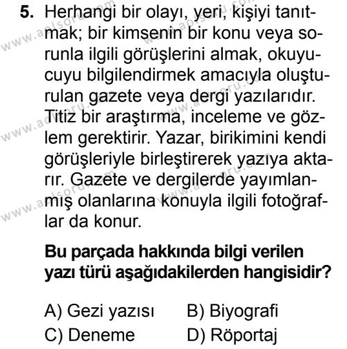 Türk Dili ve Edebiyatı 6 Dersi 2019-2020 Yılı 2. Dönem Sınavı 5. Soru