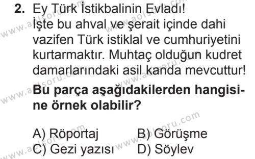 Türk Dili ve Edebiyatı 8 Dersi 2018 - 2019 Yılı 2. Dönem Sınav Soruları 2. Soru