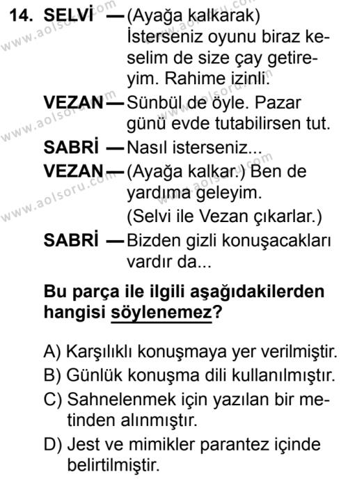 Türk Dili ve Edebiyatı 8 Dersi 2019-2020 Yılı 2. Dönem Sınavı 14. Soru