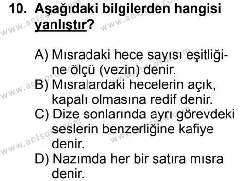 Türk Edebiyatı 1 Dersi 2012-2013 Yılı 1. Dönem Sınavı 10. Soru