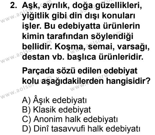 Türk Edebiyatı 1 Dersi 2013 - 2014 Yılı 2. Dönem Sınav Soruları 2. Soru