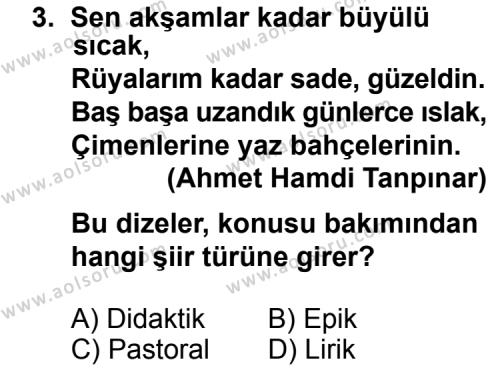 Türk Edebiyatı 1 Dersi 2013 - 2014 Yılı 2. Dönem Sınav Soruları 3. Soru