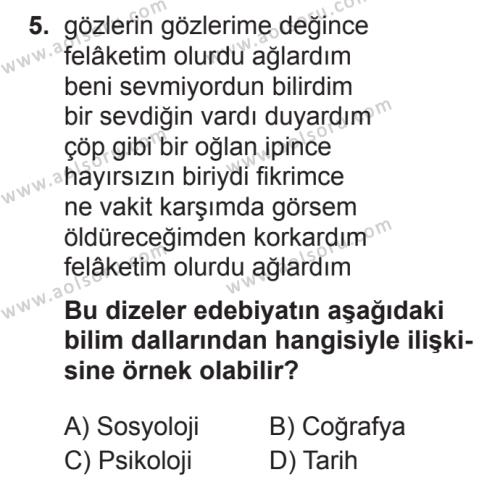 Türk Edebiyatı 1 Dersi 2017-2018 Yılı 3. Dönem Sınavı 5. Soru