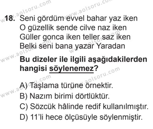 Türk Edebiyatı 1 Dersi 2017-2018 Yılı 3. Dönem Sınavı 18. Soru