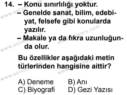 Türk Edebiyatı 2 Dersi 2011-2012 Yılı 1. Dönem Sınavı 14. Soru