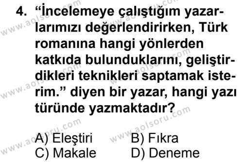 Türk Edebiyatı 2 Dersi 2013 - 2014 Yılı 3. Dönem Sınav Soruları 4. Soru