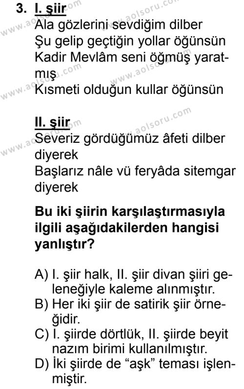 Türk Edebiyatı 3 Dersi 2015 - 2016 Yılı 2. Dönem Sınav Soruları 3. Soru