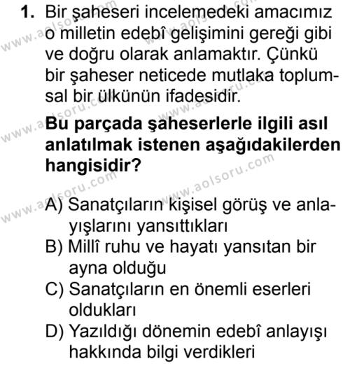 Türk Edebiyatı 3 Dersi 2016 - 2017 Yılı 3. Dönem Sınav Soruları 1. Soru