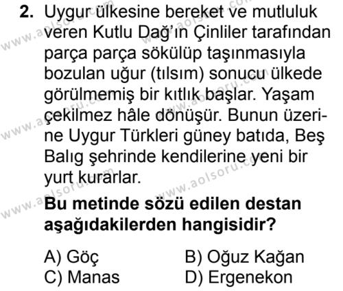 Türk Edebiyatı 3 Dersi 2017 - 2018 Yılı 2. Dönem Sınav Soruları 2. Soru