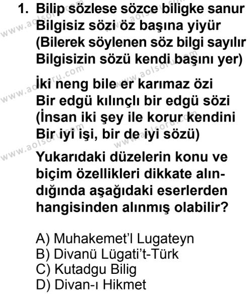 Türk Edebiyatı 4 Dersi 2014 - 2015 Yılı 1. Dönem Sınav Soruları 1. Soru