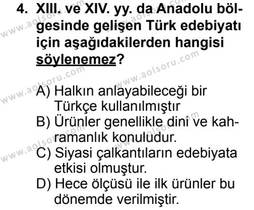 Türk Edebiyatı 4 Dersi 2014 - 2015 Yılı 1. Dönem Sınav Soruları 4. Soru