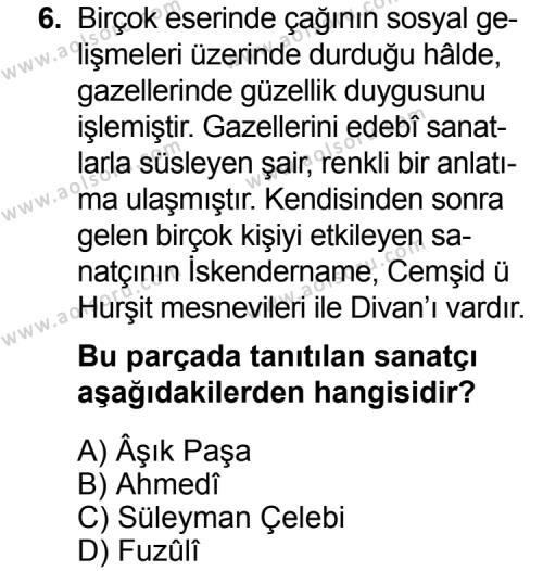Türk Edebiyatı 4 Dersi 2014-2015 Yılı 2. Dönem Sınavı 6. Soru