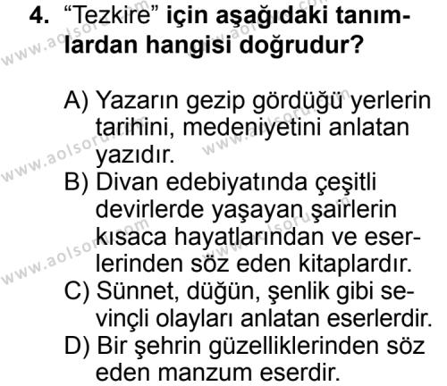 Türk Edebiyatı 4 Dersi 2014 - 2015 Yılı 3. Dönem Sınav Soruları 4. Soru