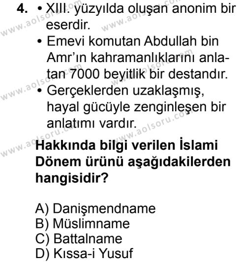 Türk Edebiyatı 4 Dersi 2015 - 2016 Yılı 1. Dönem Sınav Soruları 4. Soru