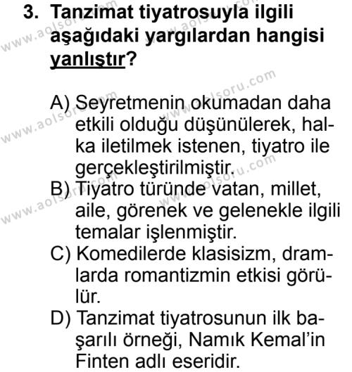 Türk Edebiyatı 5 Dersi 2013 - 2014 Yılı 3. Dönem Sınav Soruları 3. Soru
