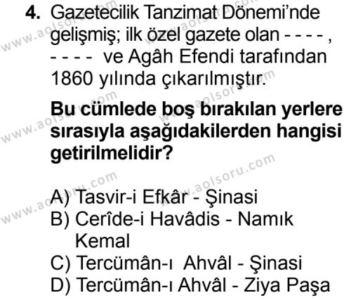 Türk Edebiyatı 5 Dersi 2015 - 2016 Yılı 1. Dönem Sınav Soruları 4. Soru