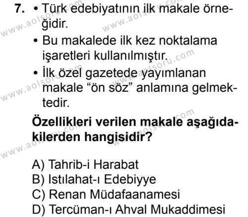 Türk Edebiyatı 5 Dersi 2017-2018 Yılı 1. Dönem Sınavı 7. Soru