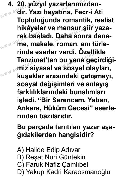 Türk Edebiyatı 6 Dersi 2013 - 2014 Yılı 2. Dönem Sınav Soruları 4. Soru
