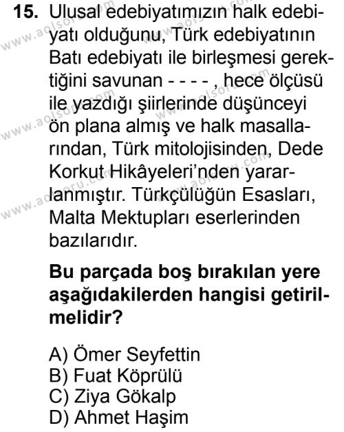 Türk Edebiyatı 6 Dersi 2015-2016 Yılı 1. Dönem Sınavı 15. Soru
