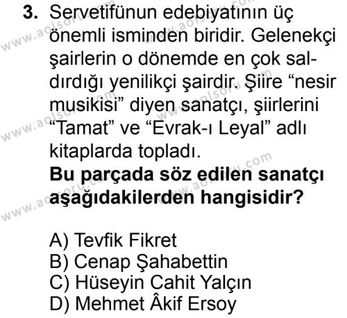 Türk Edebiyatı 6 Dersi 2015 - 2016 Yılı 3. Dönem Sınav Soruları 3. Soru