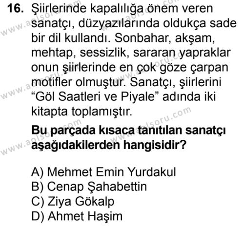 Türk Edebiyatı 6 Dersi 2016-2017 Yılı 1. Dönem Sınavı 16. Soru