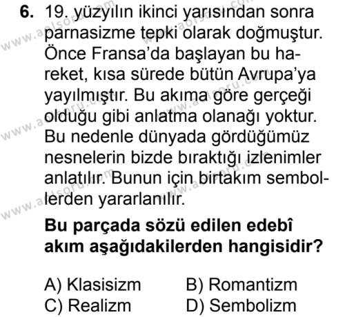 Türk Edebiyatı 6 Dersi 2016-2017 Yılı 3. Dönem Sınavı 6. Soru