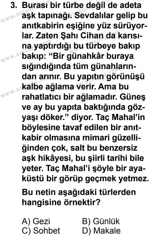 Türk Edebiyatı 7 Dersi 2012 - 2013 Yılı 1. Dönem Sınav Soruları 3. Soru