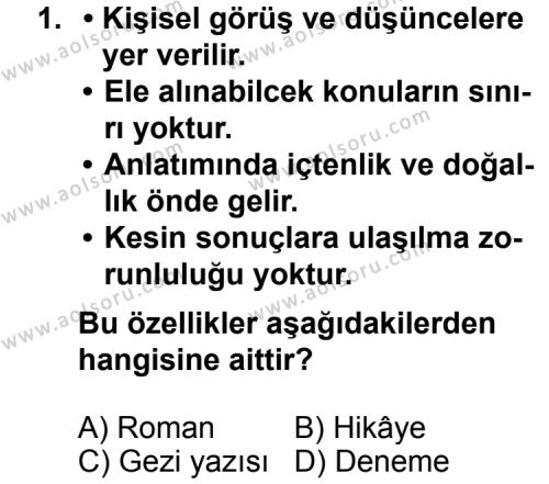 Türk Edebiyatı 7 Dersi 2013 - 2014 Yılı 1. Dönem Sınav Soruları 1. Soru