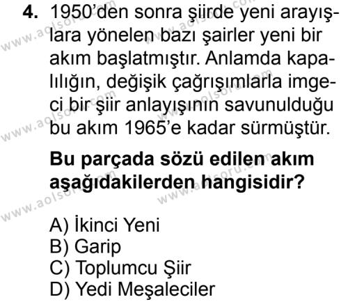 Türk Edebiyatı 7 Dersi 2015 - 2016 Yılı 1. Dönem Sınav Soruları 4. Soru