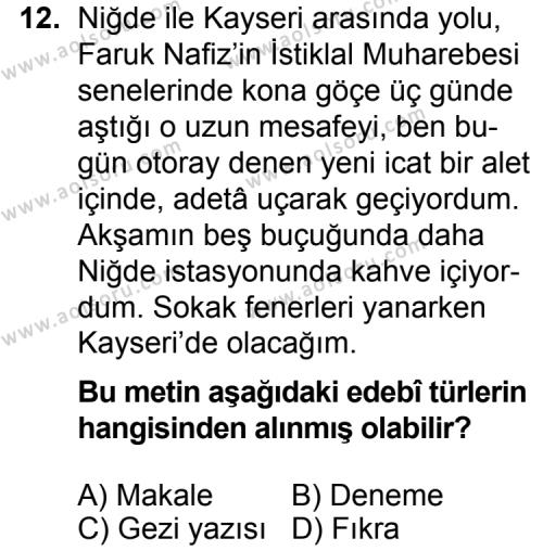 Türk Edebiyatı 7 Dersi 2015-2016 Yılı 1. Dönem Sınavı 12. Soru