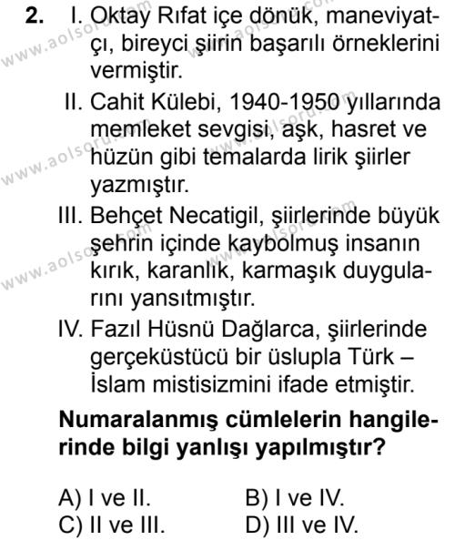 Türk Edebiyatı 7 Dersi 2016 - 2017 Yılı 3. Dönem Sınav Soruları 2. Soru