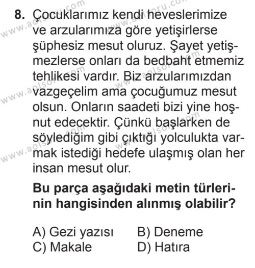 Türk Edebiyatı 7 Dersi 2017-2018 Yılı 2. Dönem Sınavı 8. Soru