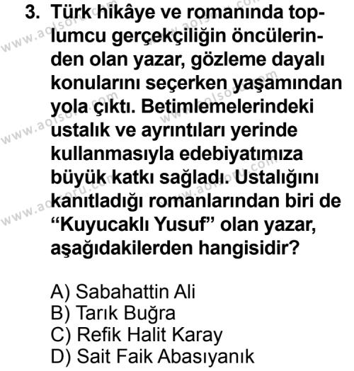 Türk Edebiyatı 8 Dersi 2011 - 2012 Yılı 2. Dönem Sınav Soruları 3. Soru