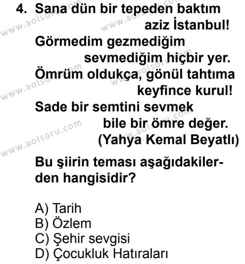 Türk Edebiyatı 8 Dersi 2011 - 2012 Yılı 2. Dönem Sınav Soruları 4. Soru