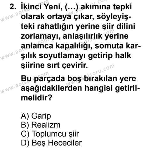 Türk Edebiyatı 8 Dersi 2012 - 2013 Yılı 1. Dönem Sınav Soruları 2. Soru