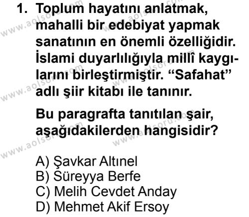 Türk Edebiyatı 8 Dersi 2012 - 2013 Yılı 3. Dönem Sınav Soruları 1. Soru