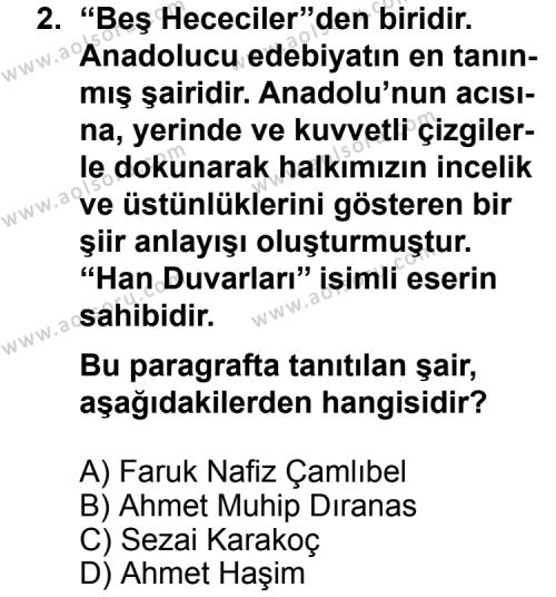 Türk Edebiyatı 8 Dersi 2012 - 2013 Yılı 3. Dönem Sınav Soruları 2. Soru